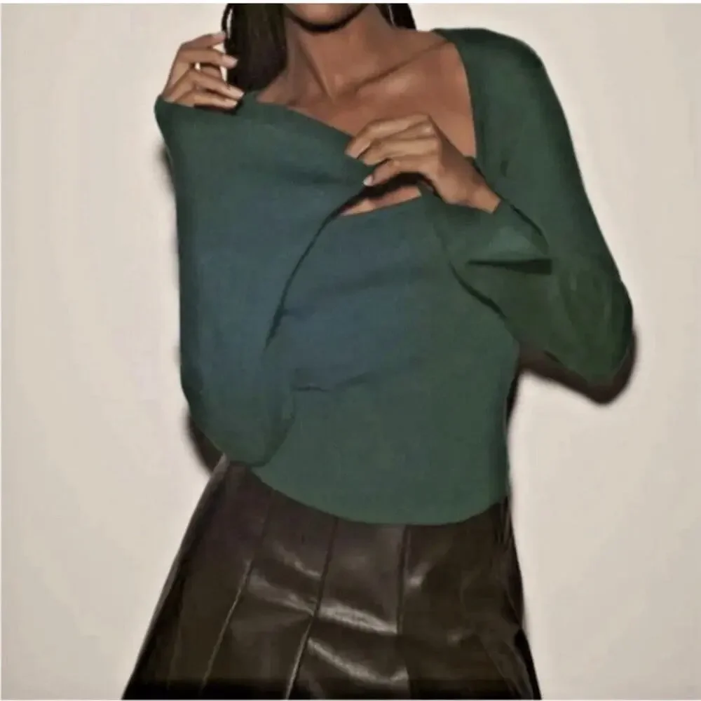 Maeve Anthropologie Square Neck Wide Sleeve Pullover Ribbed Sweater Green Sz XL